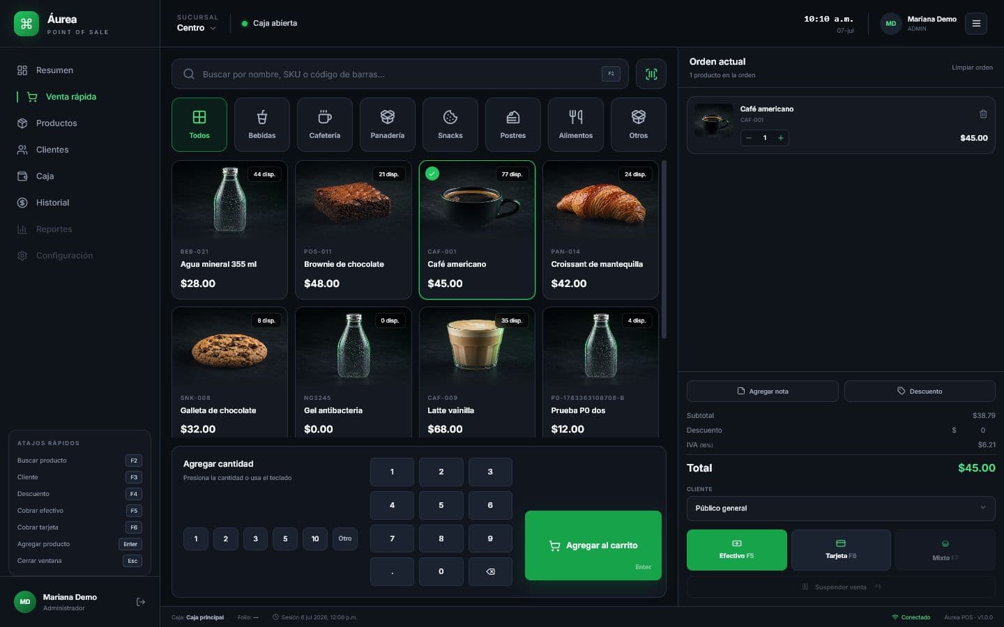 Áurea POS cart workflow with demo products