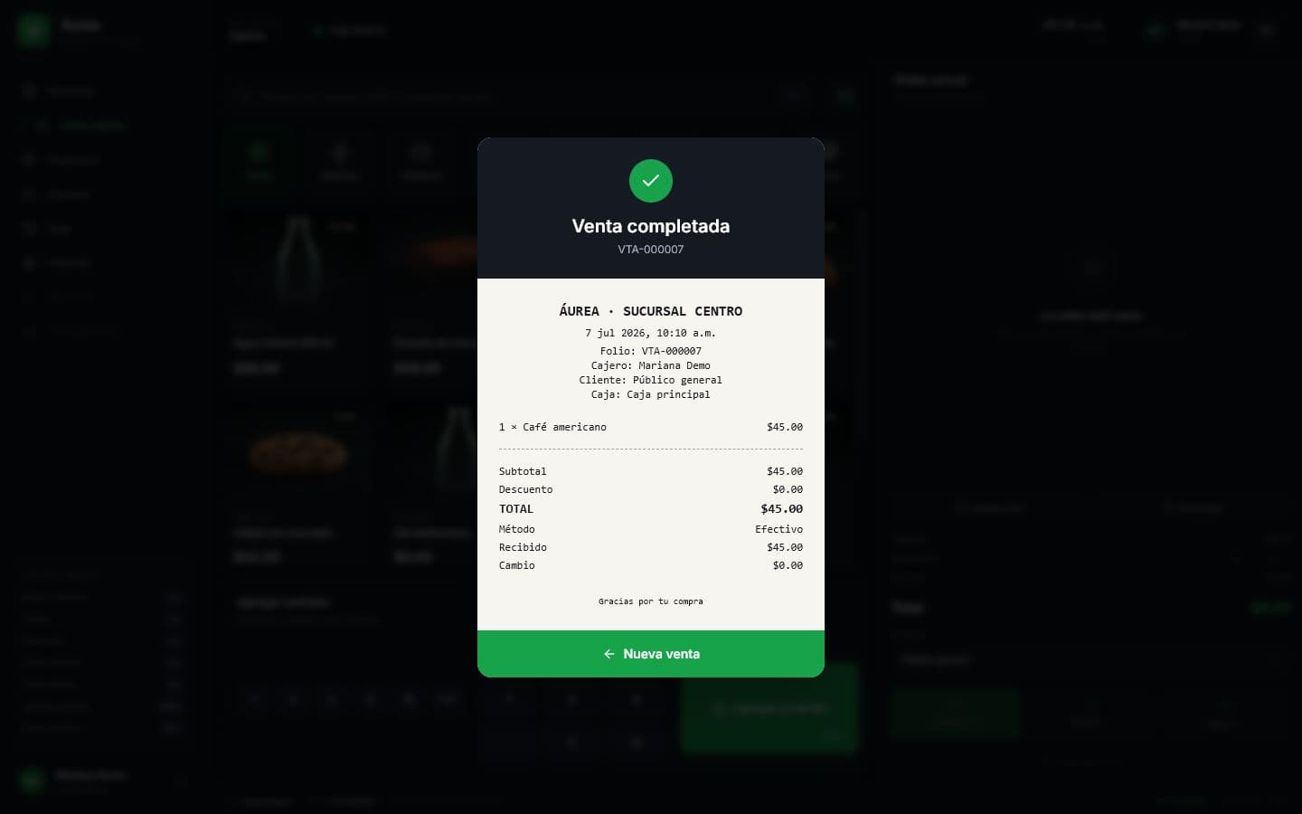 Áurea POS completed demo ticket