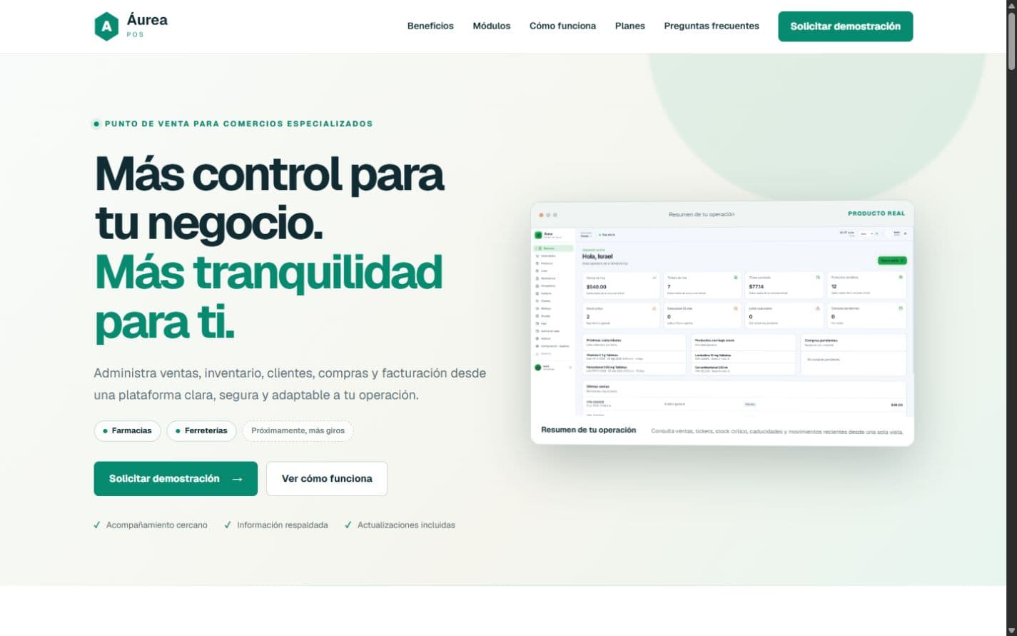 Áurea POS landing desktop hero