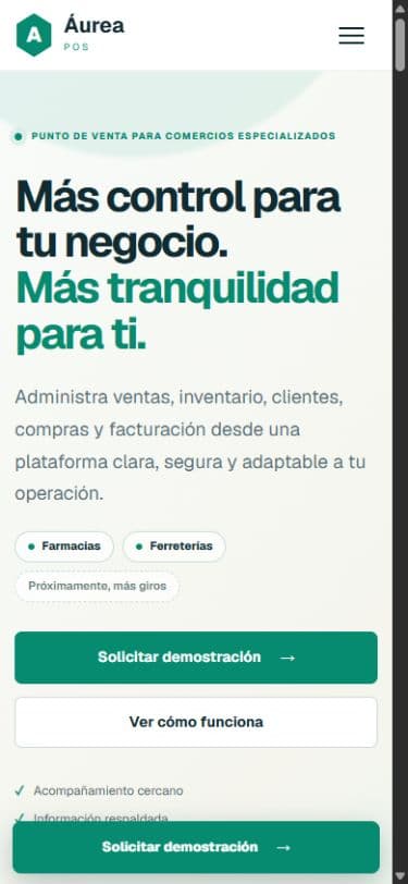 Áurea POS landing mobile hero